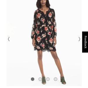 LONG-SLEEVE LACE INSET FLORAL PRINT DRESS